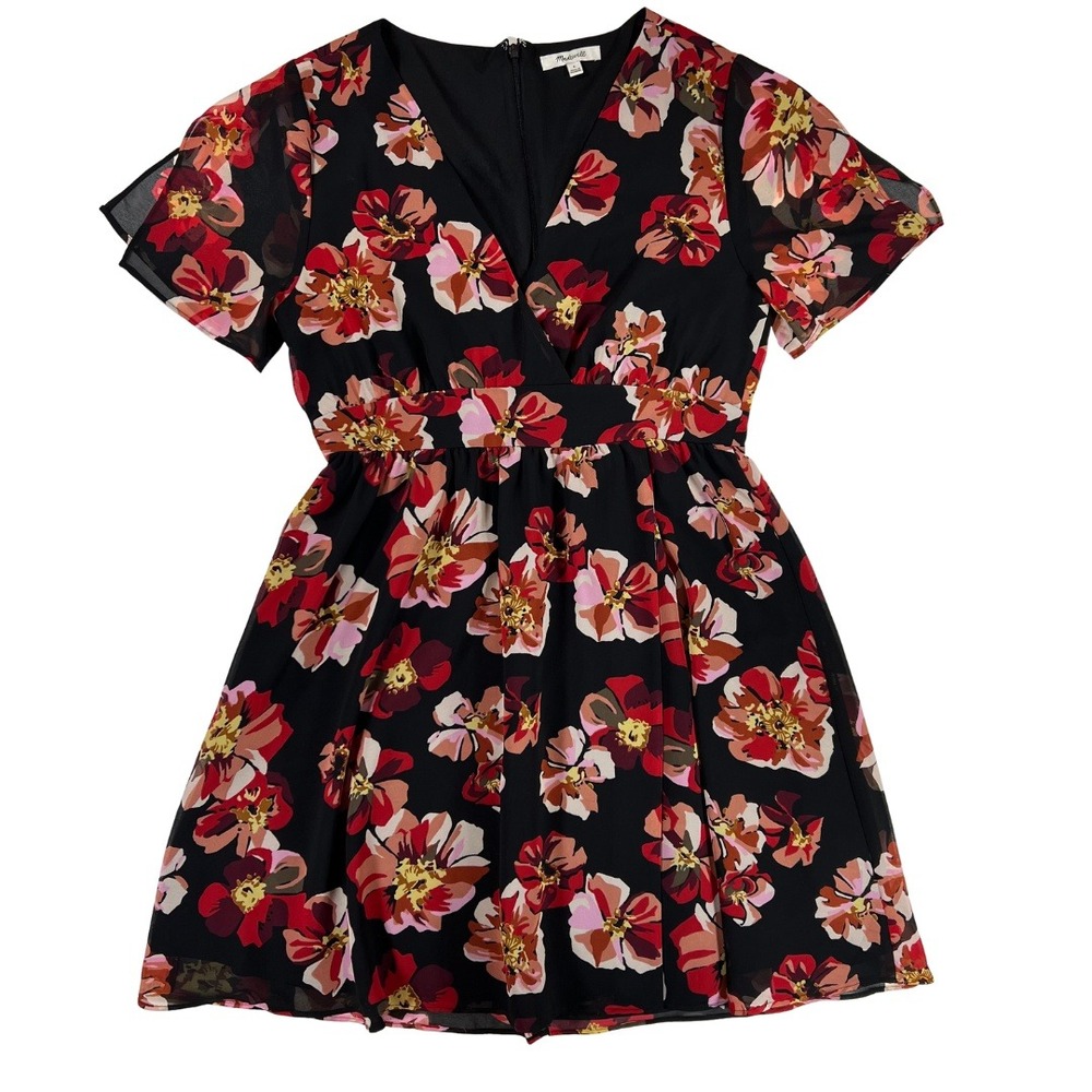 Madewell Dress Womens 6 Black Floral V Neck Short Sleeve‎ Fit Flare